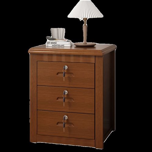 带锁三抽实木中式床头柜整装卧室家用简约床边收纳储物柜