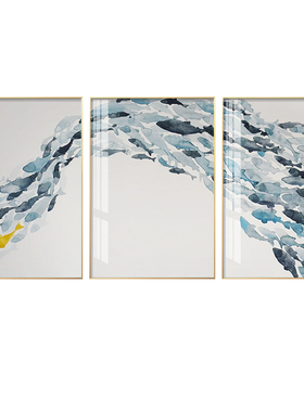 客厅装饰画简约沙发背景墙画鱼聚生财蓝色温馨北欧三联画
