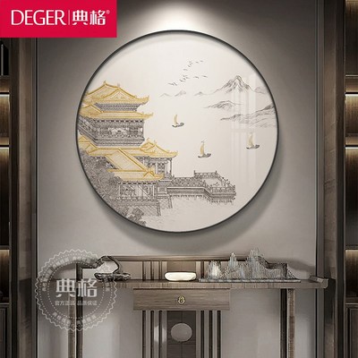 新中式玄关装饰画亭台楼阁客厅中国风圆形挂画茶楼火锅店餐厅壁画