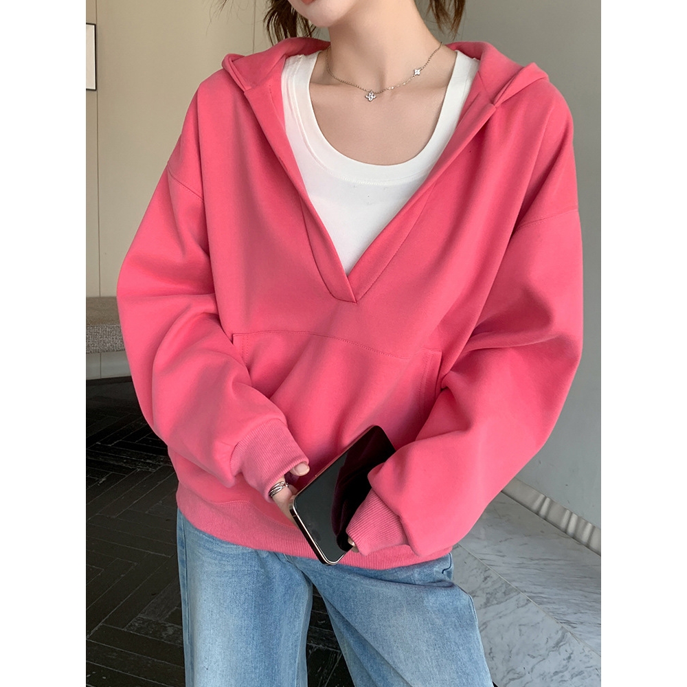 K1206V领连帽卫衣外套女春秋冬百搭宽松显瘦带口袋休闲慵懒风上衣