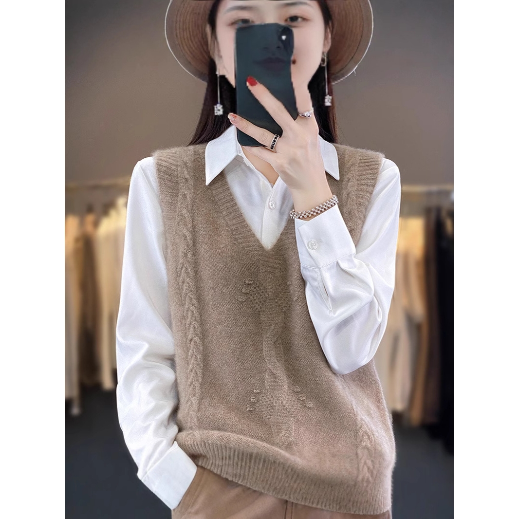 坎肩无袖安迪绒新款重磅V领时尚提花打底百搭马夹针织马甲女秋冬