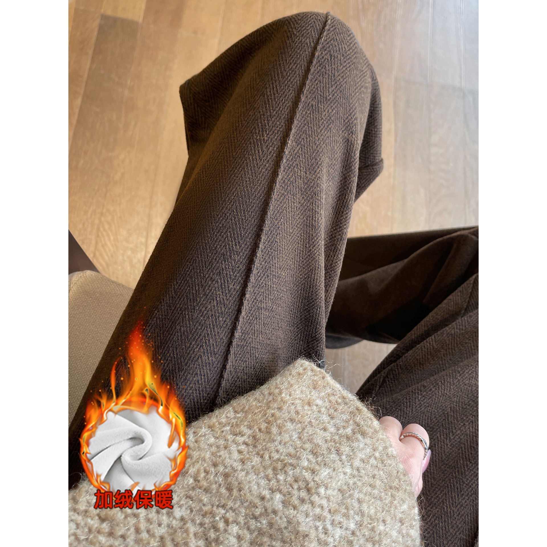 羊毛阔腿裤女秋冬季2025高腰休闲垂感窄版加绒直筒裤人字纹毛呢裤