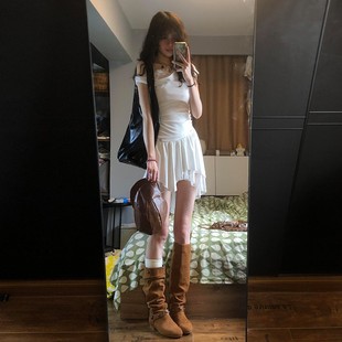法式 设计感不规则短裙 纯欲风斜肩蕾丝拼接连衣裙子女2025夏季 新款