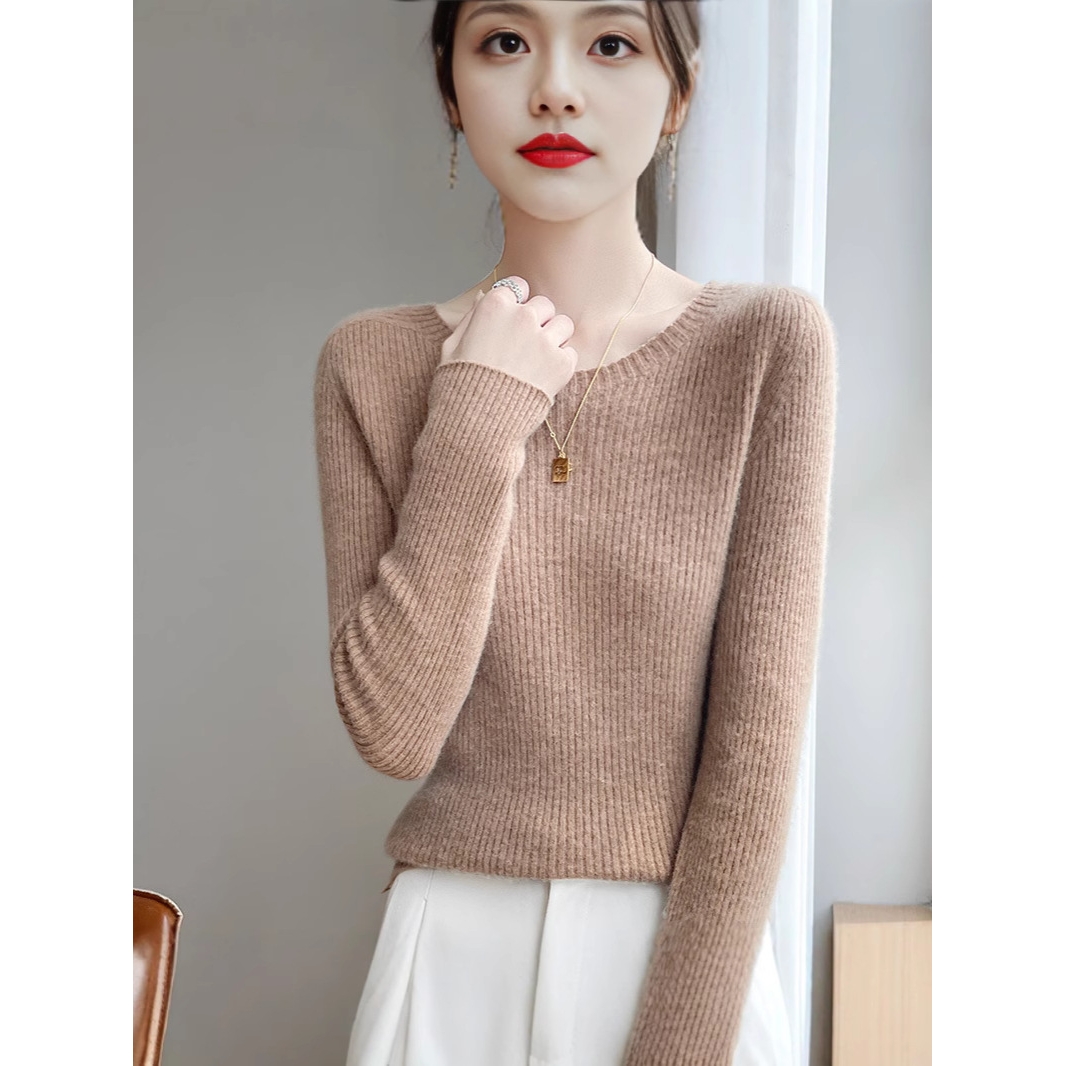 安迪绒一线成衣圆领长袖针织打底衫25秋冬百搭套头抽条内搭毛衣女