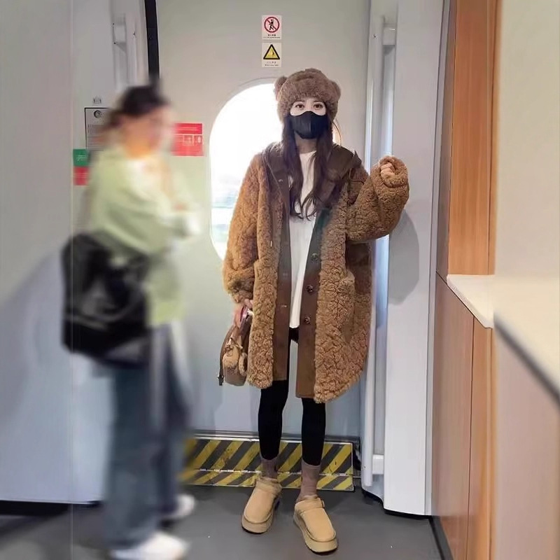 假两件中长款羊羔毛外套女2025新款爆款秋冬皮毛一体加厚保暖大衣