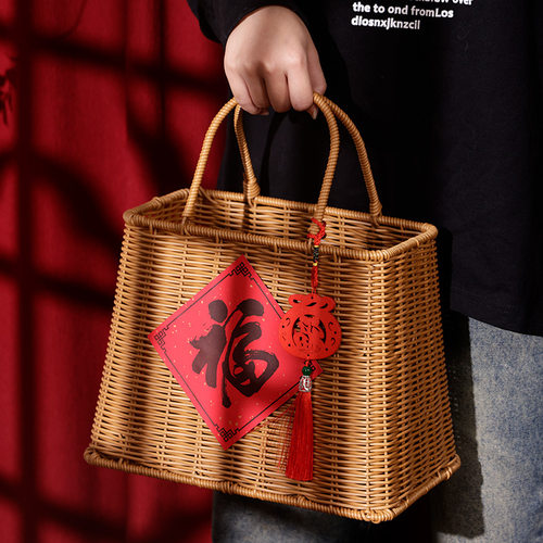 2026新藤编礼盒年货坚果手提篮藤编复古编织篮马年春节年货包装盒