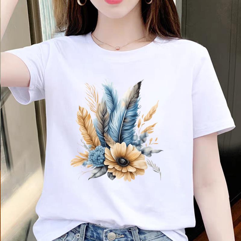 花朵羽毛女上衣打底外穿洋气夏季短袖通勤时尚休闲圆领ins印花T恤