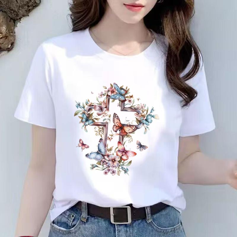 植物花卉夏季上衣女外穿洋气打底短袖通勤时尚休闲圆领ins印花T恤