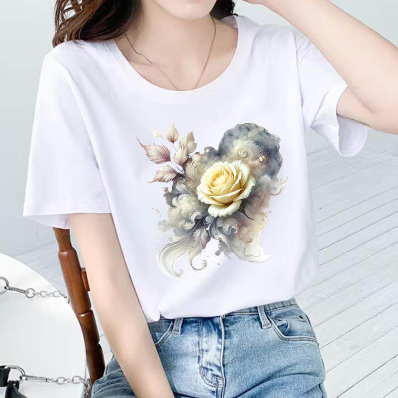 短袖花朵心形通勤夏季上衣女外穿洋气打底时尚休闲圆领ins印花T恤