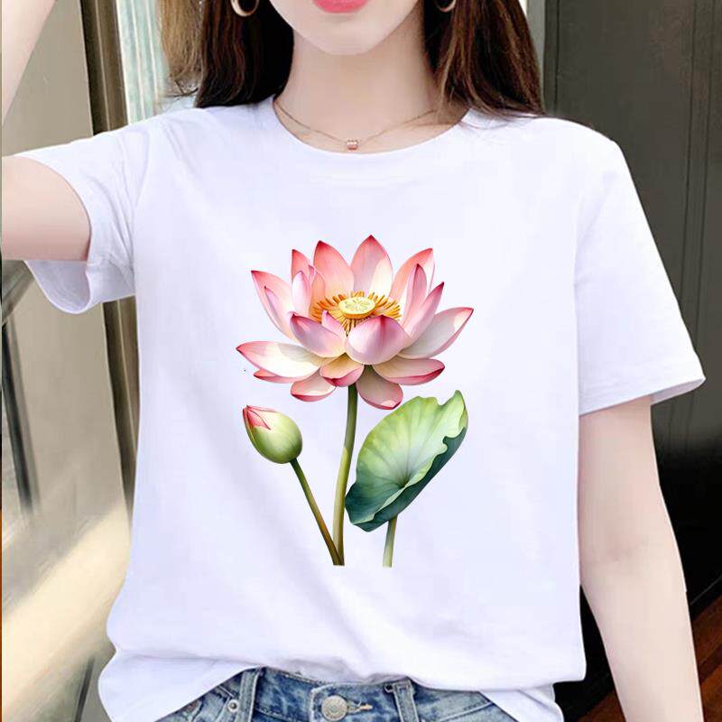 荷花可爱夏季上衣女外穿洋气打底时尚休闲圆领ins短袖通勤印花T恤