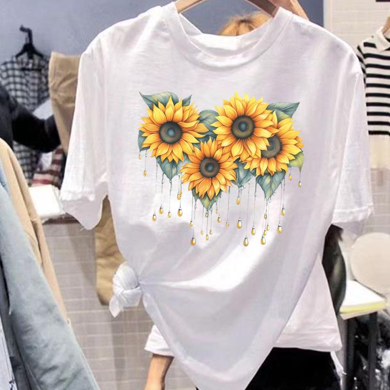 圆领通勤打底短袖时尚花朵可爱上衣女外穿洋气休闲夏季ins印花T恤