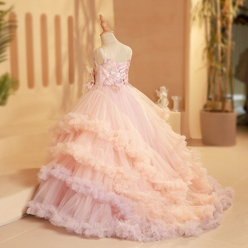 高端女童礼服粉色舞台晚会小主持人走秀钢琴演出服儿童生日花童裙