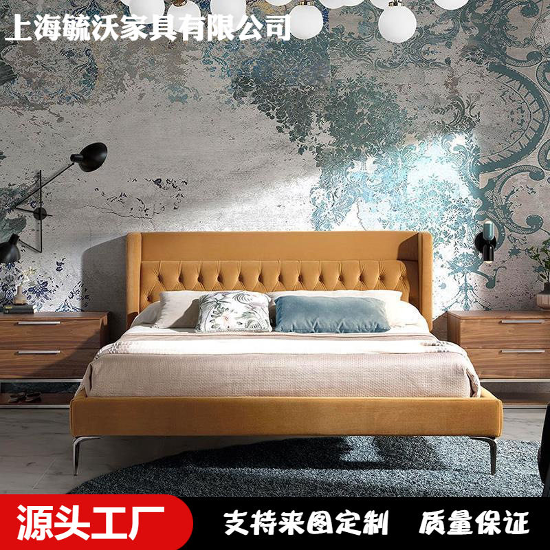 法式复古布艺床 北欧轻奢主卧姜黄色双人实木民宿公寓丝绒1.8米床