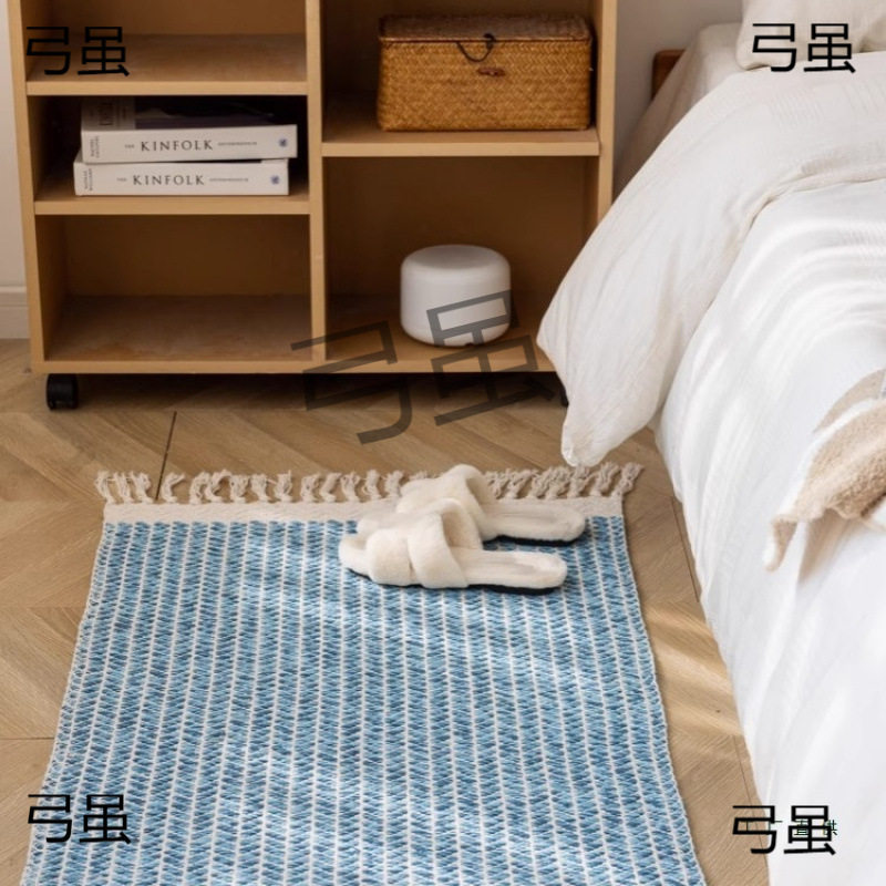 北欧简约手工编织鱼骨纹棉质小地垫可机洗床边长条地毯衣帽间脚垫