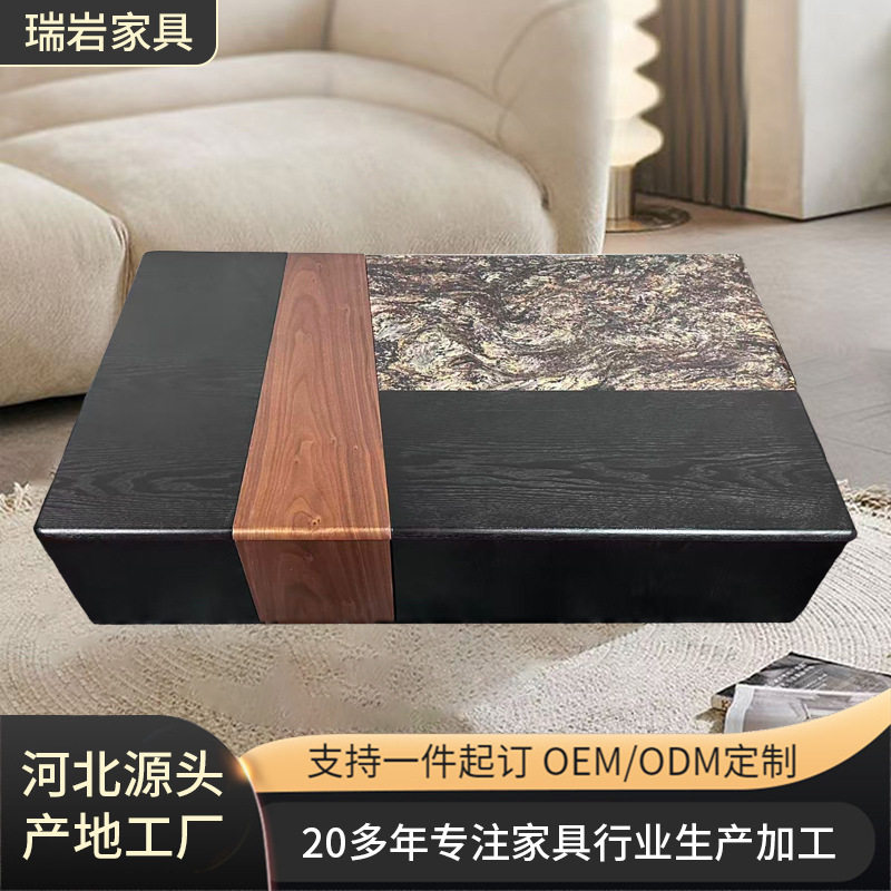 意式长方形大理石茶几家用客厅创意抽拉茶几胡桃色轻奢储物茶几