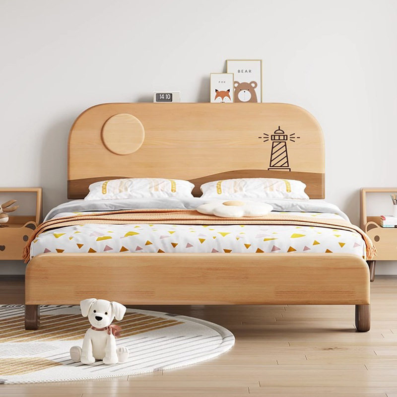 北欧简约风实木儿童床男孩床卧室家用木蜡油床实木1米2青少年女孩