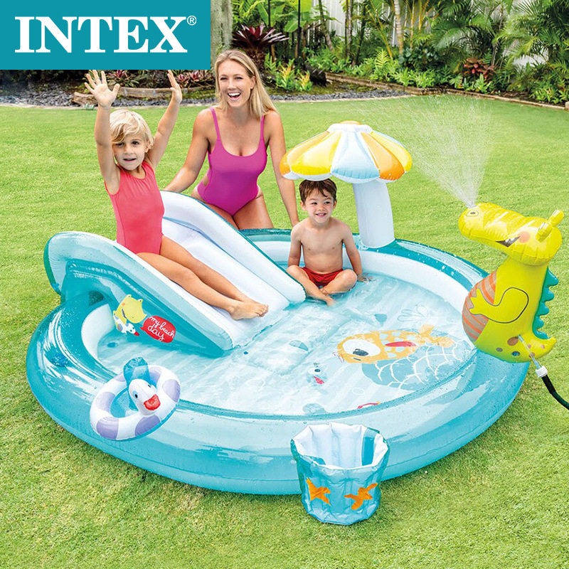 INTEX57165儿童戏水池带滑梯pvc充气泳池儿童爬行池可喷水捞鱼