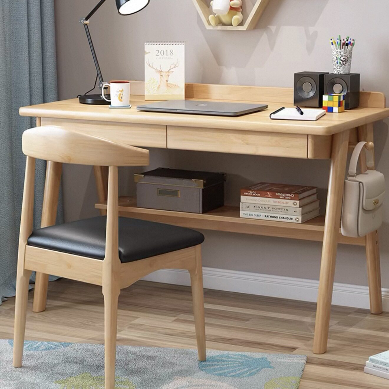 北欧风实木书桌电脑桌家用带抽屉学生学习桌卧室床边简约办公桌椅