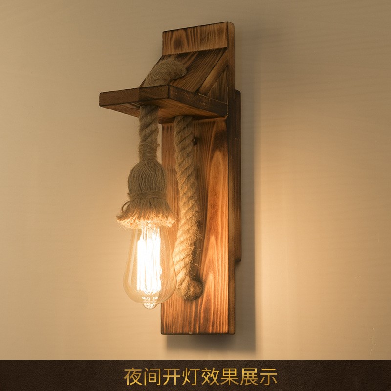 美式复古木艺麻绳壁灯餐厅咖啡店吧台灯工业风过道走廊创意装饰灯