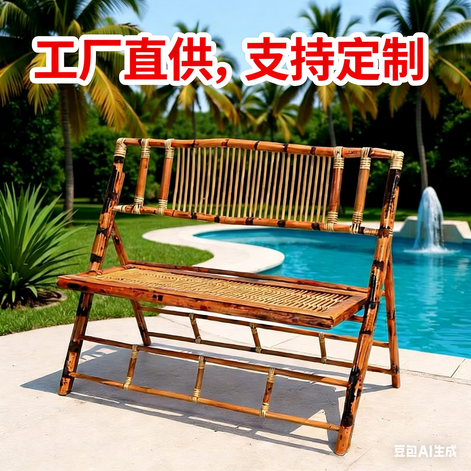 双人折叠长椅便携式户外凳子靠背椅家用藤编老式竹编花园民宿椅子