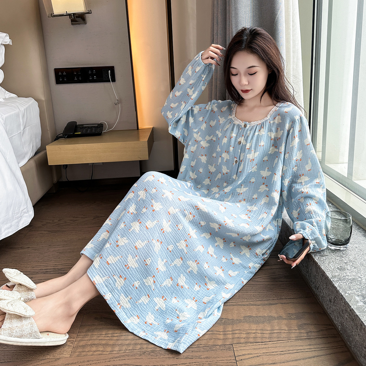 大码睡裙女纯棉长袖春秋季胖mm200斤胖妹妹妈妈孕妇双层纱布睡衣,女士内衣/男士内衣/家居服,睡裙,淘宝优惠券,粉丝福利购,淘宝优惠卷