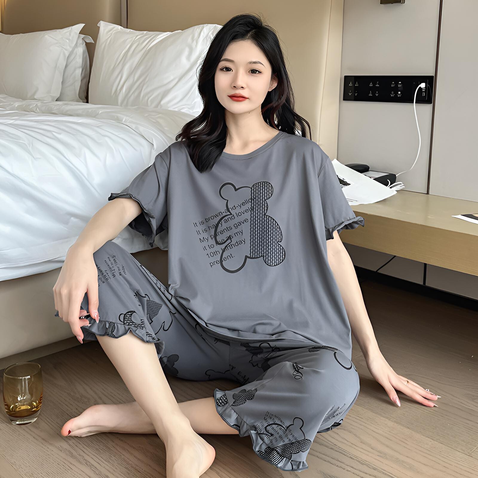加肥加大码纯棉睡衣女夏季款胖mm200斤短袖7分裤胖妹妹孕妇家居服