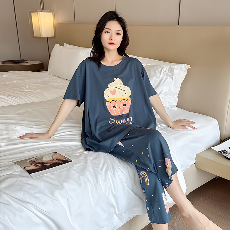 轩内美纯棉大码短袖七分裤女睡衣