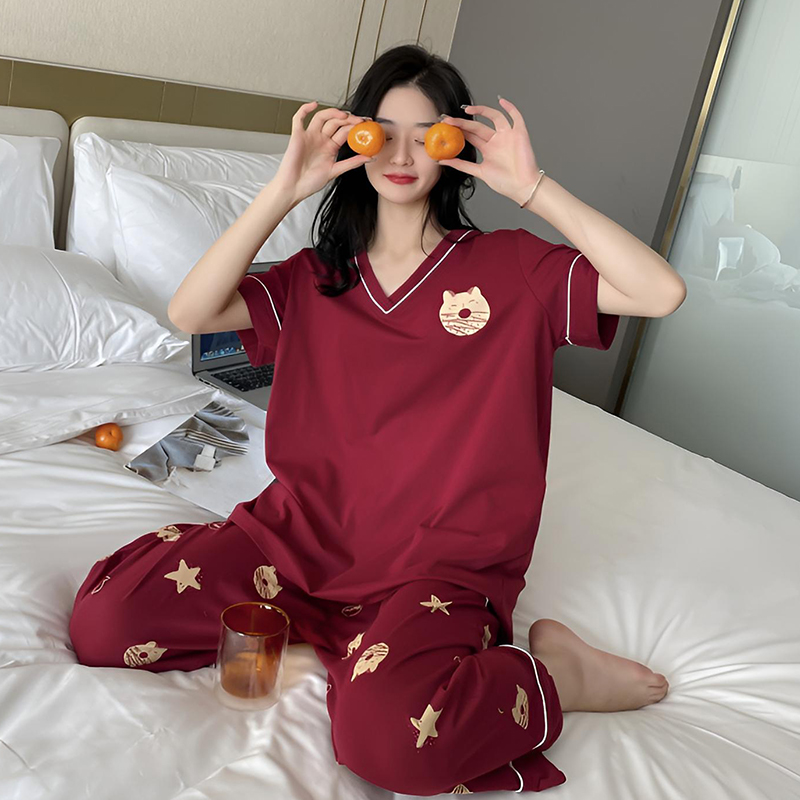 轩内美女短袖八分裤纯棉大码睡衣