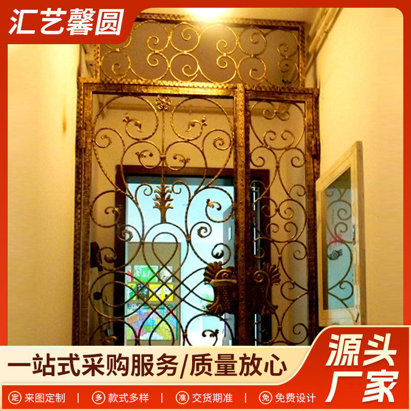 家装酒店子母平开门土稁金色铁艺入户门欧式手工家装大门铁艺大门