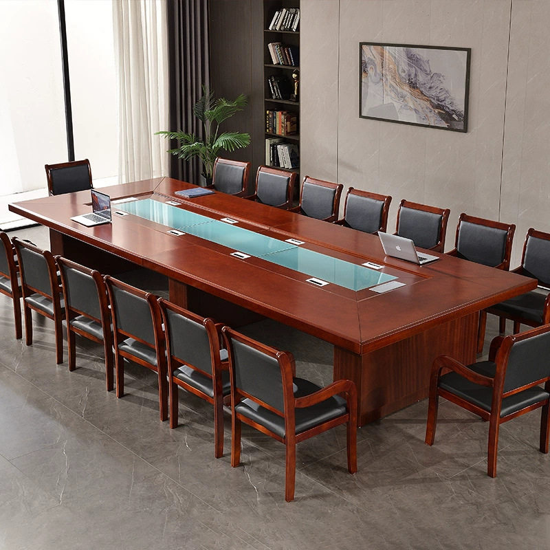 会议桌长桌大型条形办公室桌椅组合洽谈会客桌红色开会桌油漆木皮