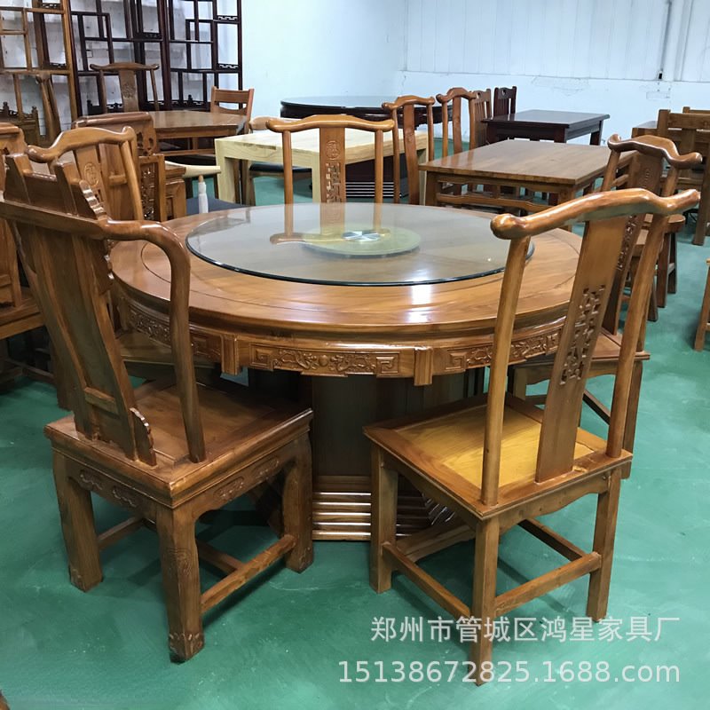 酒店板式餐桌组合 榆木包间手动餐桌实木椅子饭店手动大圆桌厂家