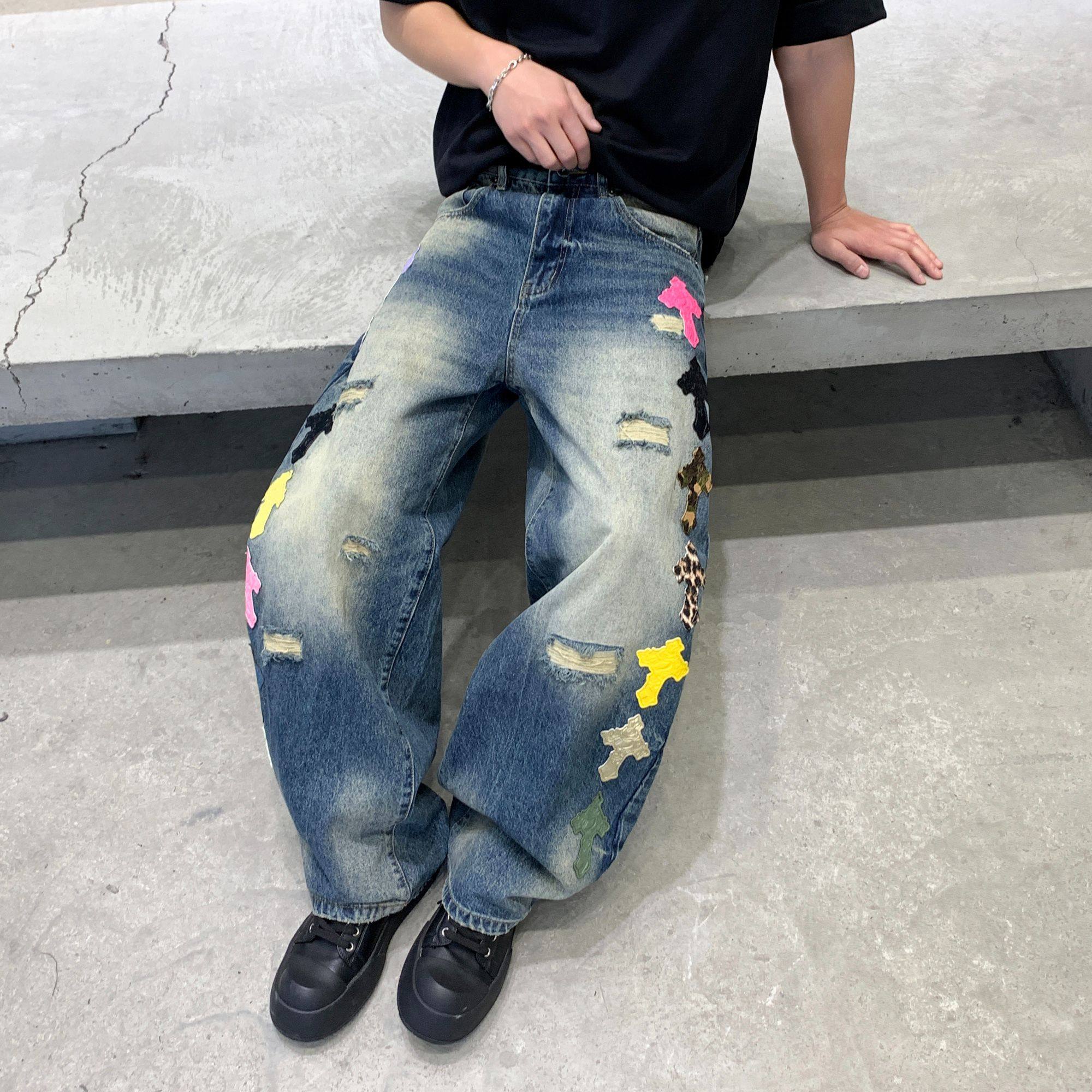 潮牌美式街头风十字架贴皮假破洞牛仔裤男宽松阔腿长裤潮流弯刀裤,男装,牛仔裤,淘宝优惠券,粉丝福利购,淘宝优惠卷