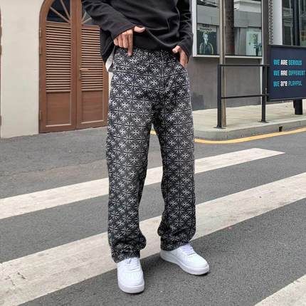 美式复古牛仔裤男秋冬2024新款潮牌宽松提花满印痞帅炸街阔腿裤子