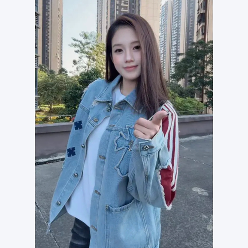 美式复古十字架刺绣宽松牛仔外套