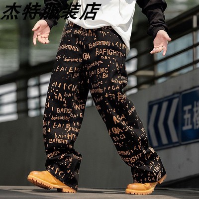 巴黎风潮牌复古字母印花牛仔裤