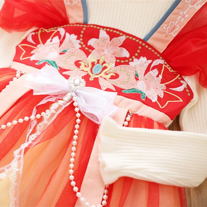 女童连衣裙汉服毛衣裙2024秋冬新款中国风儿童唐装裙子安娜公主裙