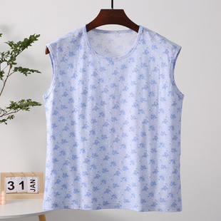 薄款 衫 妈妈碎花汗衫 婆婆无袖 上衣 砍袖 中老年女士纯棉宽肩背心夏季