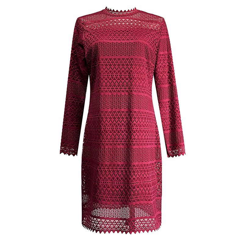中长款酒红色加绒连衣裙女2025弹力修身性感镂空保暖蕾丝直筒裙