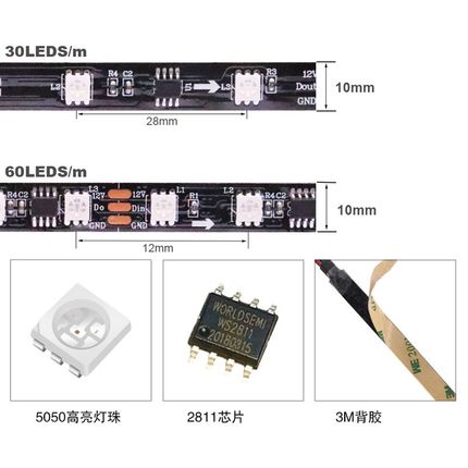ws2811灯带LED跑马流水闪光灯超窄5mm幻彩软灯条户外防水高亮12V