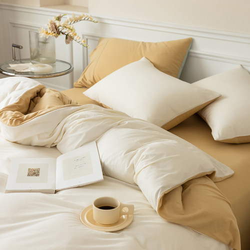 A类全棉天竺棉双拼被套四件套 简约裸睡针织纯棉床单四季床上用品