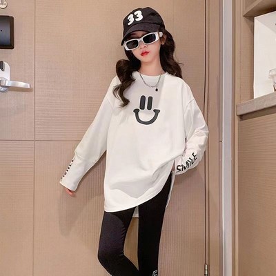 女童中长款长袖t恤春秋中大儿童圆领宽松白色百搭秋冬加绒打底衫