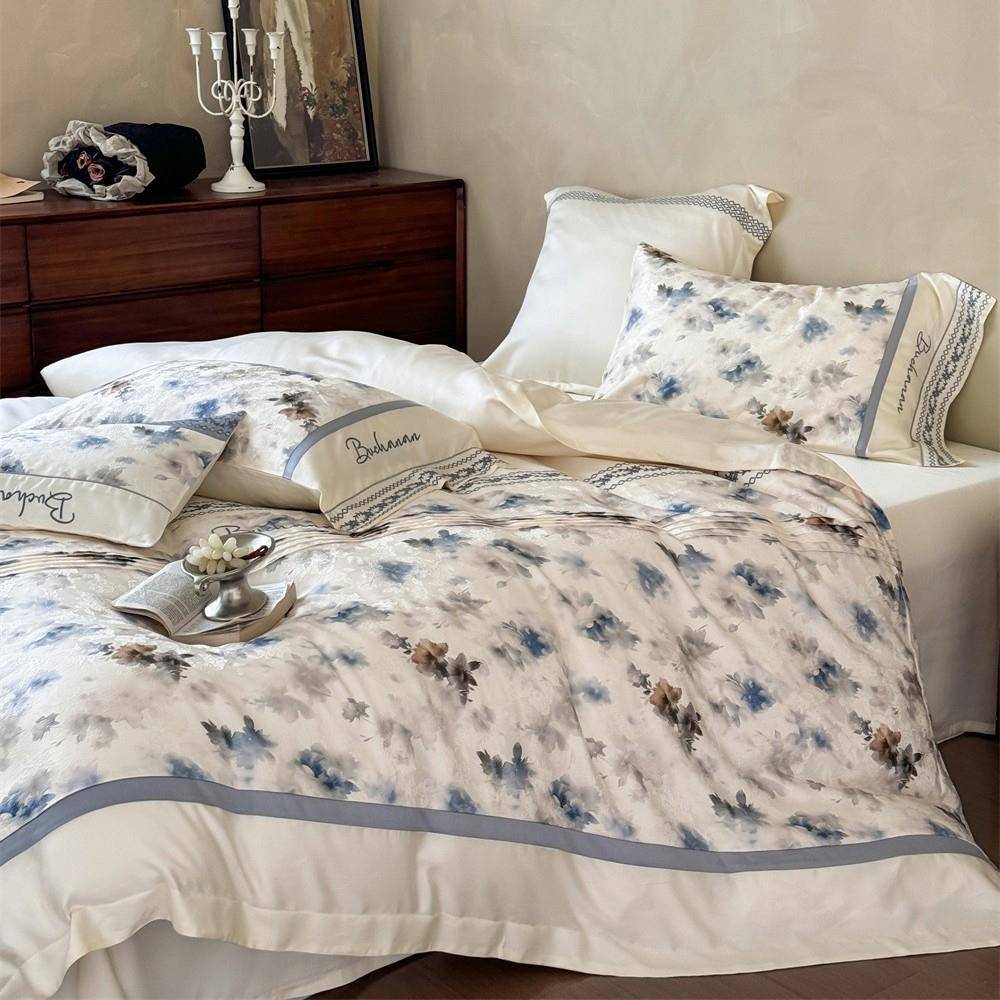 法式复古风60s兰精天丝四件49611套田夏园花卉印花丝冰凉感裸季睡