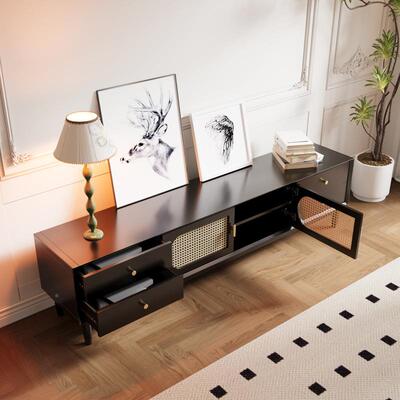 复实古藤物编电视柜茶功几家用木框一体靠墙多能收纳柜储柜JQC茶