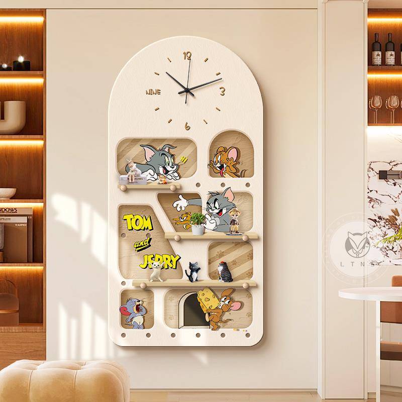 入户玄关洞洞板装饰画奶油风猫和老鼠走廊挂画墙面钟表置物架壁画图片