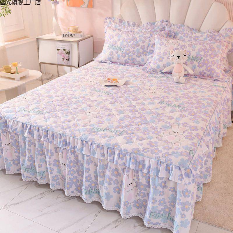 棉斜夹棉花边床裙单件印花纹防滑床罩EZI床盖床垫全护套四季保款