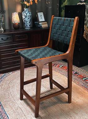 J^轻椅奢复古风凳脚OAD马鞍革高凳实吧台椅子木家用吧椅高脚酒餐