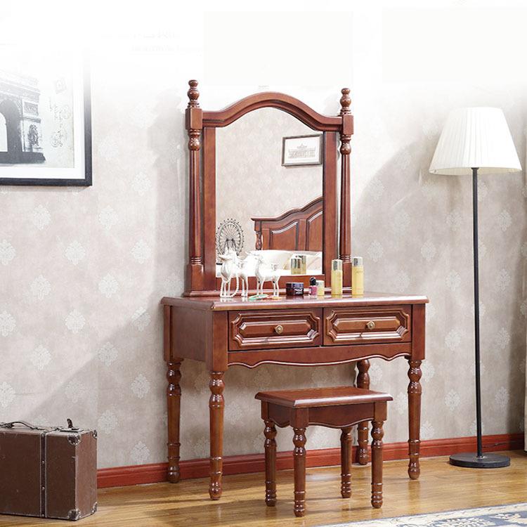 配美式简复古实木梳妆带镜化妆桌约子凳子可台储JZV物多功能卧室