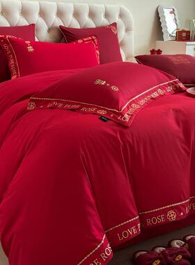 床品中刺式四件套纯棉高端喜事NEW被套婚床庆红色长绣绒棉结婚床