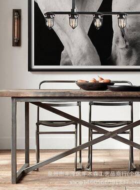 美式乡村书loft工业风格做旧具铁艺实木餐桌家仿古桌办YLG桌长公