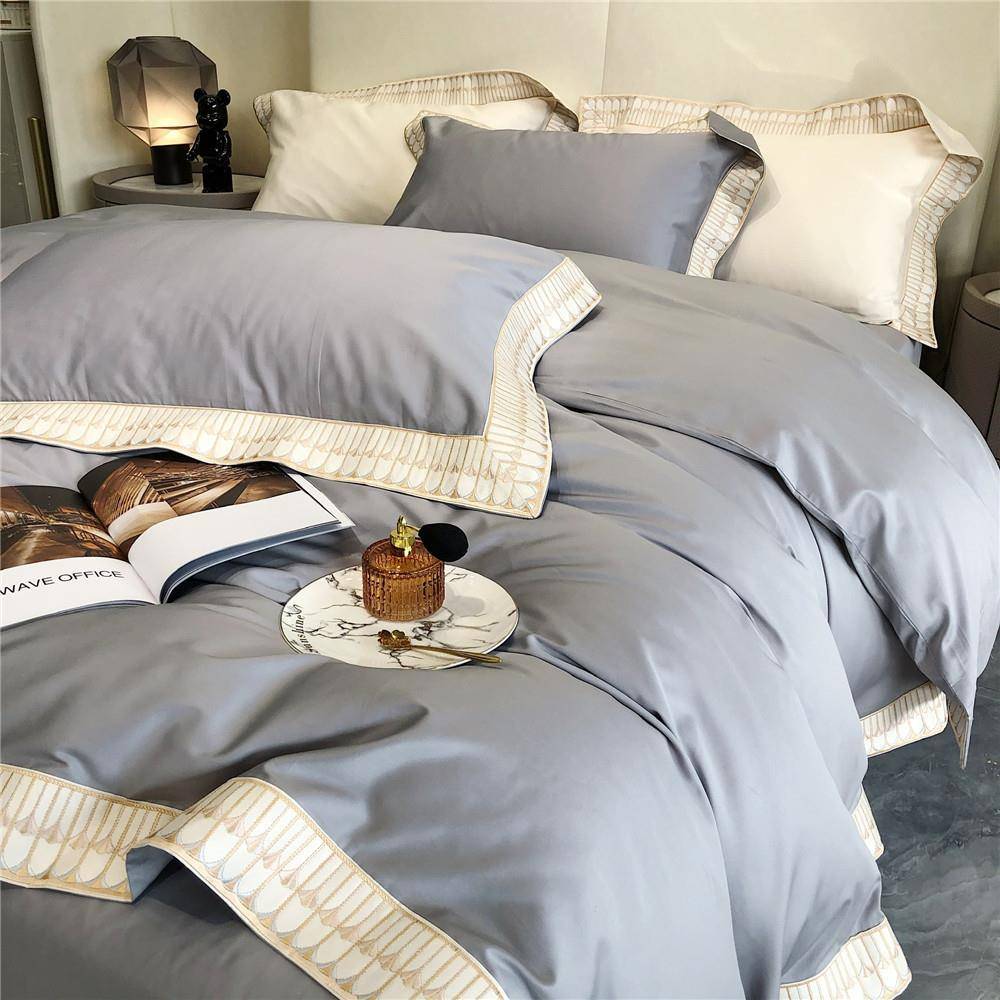 类匹马DUF棉四套A简约宽边刺绣件被套纯棉全棉床上用品